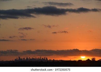 Sunset With Melbourne City Background