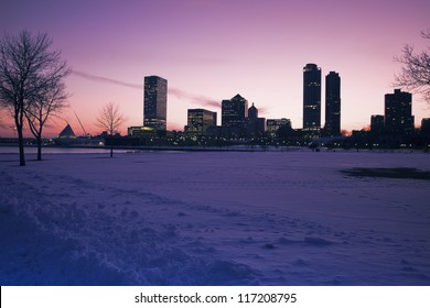 Sunset In Milwaukee, Wisconsin In Winter Scenery