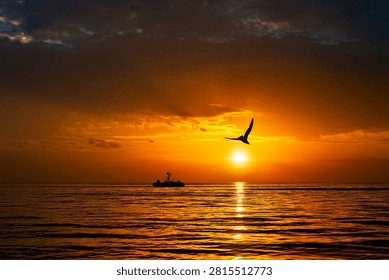 Sunset at the Molo Audace dock in Trieste, Italy. Jutting straight out into the Adriatic Sea from the city center, it offers a front-row view of the sun setting over the water.