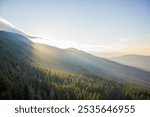 Sunset mountain forest, nature landscape