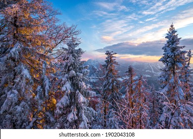 Sunset In The Mountain. Golden Hour. Snow.