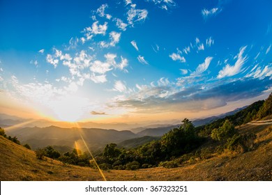 Sunset Mountain On Blue Sky Fish Eye Lens