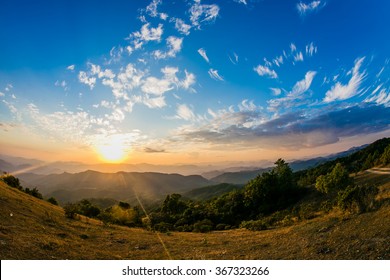 Sunset Mountain On Blue Sky Fish Eye Lens