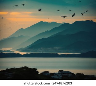 sunset mountain village sky beach birds - Powered by Shutterstock