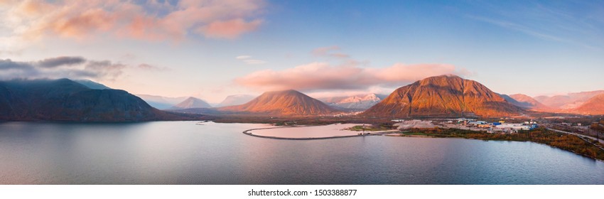 Sunset In Mountains Khibiny Kola Peninsula, Russia. Aerial View.