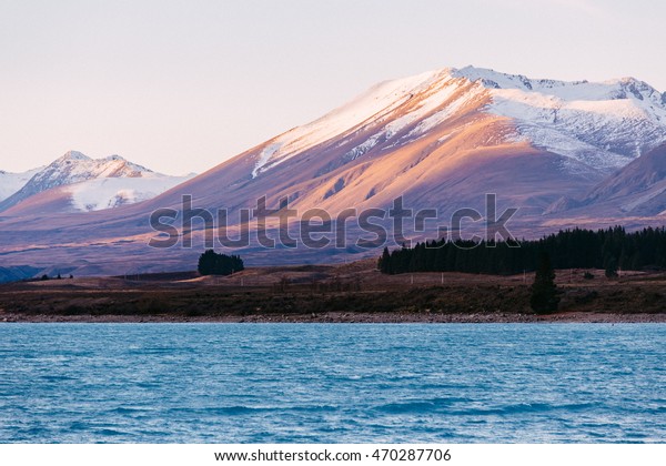 Sunset Mountains Lake New Zealand Nature Parks Outdoor Stock Image