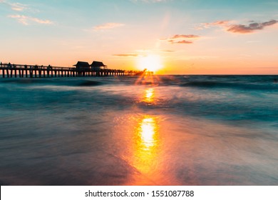 Sunset At Naples Florida With Naples Pier In View