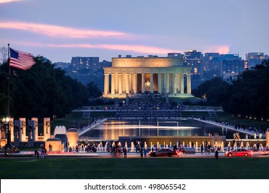Sunset at the National Mall in Washington D.C. with a view of the Lincoln Memorial and the Reflecting Pool