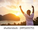 Sunset, nature and back of man with freedom for worship, religion or praise on missionary trip. Travel, ocean and Christian volunteer with spiritual awakening by evening sky for discovery in Mexico.