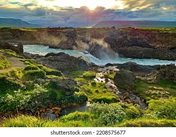 Sunset Near Godafoss Waterfall In Summer 2022