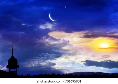 Night Time Blue Background Crescent Moon Stock Vector (Royalty Free ...