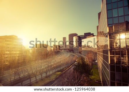 sunset in office buildings in Paris France