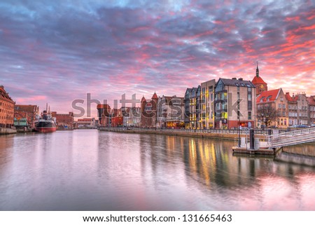 Sunset in old town of Gdansk at Motlawa river, Poland