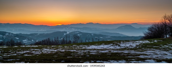 Sunset on the Appenine mountain ridge in Emilia and Romagna. Bologna province, Emilia-Romagna, Italy.