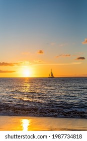 Sunset On Beach With Boat In Maui Beach 