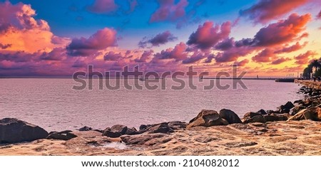 Image, Stock Photo Tropical sunset at Praia Emilia with silhouetted palm trees