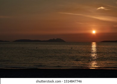 Sunset On The Beach Of Samil De Vigo. Rías Baixas, Pontevedra, Galicia, Spain