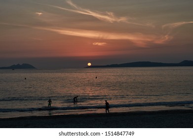 Sunset On The Beach Of Samil De Vigo. Rías Baixas, Pontevedra, Galicia, Spain