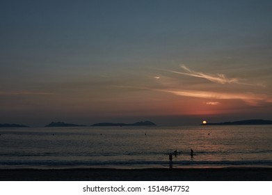 Sunset On The Beach Of Samil De Vigo. Rías Baixas, Pontevedra, Galicia, Spain