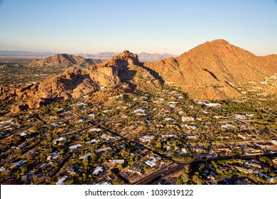 Sunset On Camelback Mountain Aerial View In Phoenix, Arizona