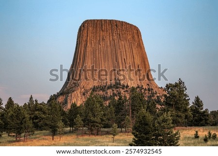 Sunset on Devils Tower Rising in the Distance, Devils Tower National Monument, Wyoming