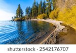 Sunset on Fall Color and Sandy Beach on Lake Tahoe at Zephyr Cove, Nevada, USA