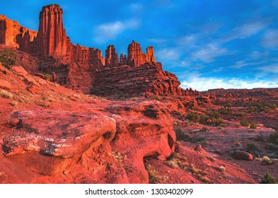 Sunset On The Fisher Towers Recreation Trail Area, A Popular BLM Area For Camping, Hiking, Rock Climbing, And BASE Jumping On The Colorado River Near Moab, Utah, United States.