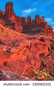 Sunset On The Fisher Towers Recreation Trail Area, A Popular BLM Area For Camping, Hiking, Rock Climbing, And BASE Jumping On The Colorado River Near Moab, Utah, United States.