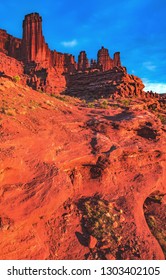 Sunset On The Fisher Towers Recreation Trail Area, A Popular BLM Area For Camping, Hiking, Rock Climbing, And BASE Jumping On The Colorado River Near Moab, Utah, United States.