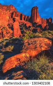 Sunset On The Fisher Towers Recreation Trail Area, A Popular BLM Area For Camping, Hiking, Rock Climbing, And BASE Jumping On The Colorado River Near Moab, Utah, United States.