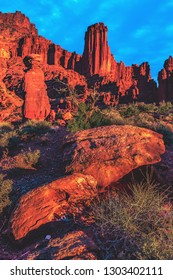 Sunset On The Fisher Towers Recreation Trail Area, A Popular BLM Area For Camping, Hiking, Rock Climbing, And BASE Jumping On The Colorado River Near Moab, Utah, United States.