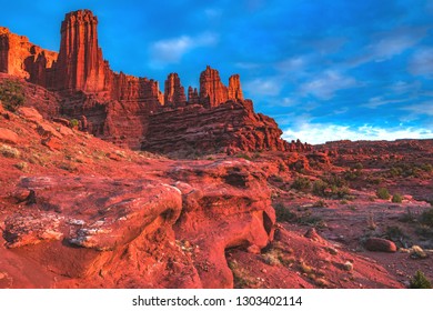 Sunset On The Fisher Towers Recreation Trail Area, A Popular BLM Area For Camping, Hiking, Rock Climbing, And BASE Jumping On The Colorado River Near Moab, Utah, United States.