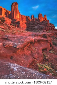 Sunset On The Fisher Towers Recreation Trail Area, A Popular BLM Area For Camping, Hiking, Rock Climbing, And BASE Jumping On The Colorado River Near Moab, Utah, United States.