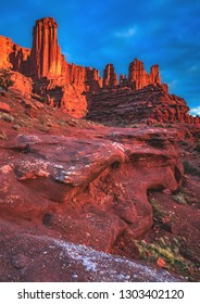 Sunset On The Fisher Towers Recreation Trail Area, A Popular BLM Area For Camping, Hiking, Rock Climbing, And BASE Jumping On The Colorado River Near Moab, Utah, United States.