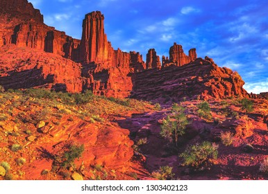 Sunset On The Fisher Towers Recreation Trail Area, A Popular BLM Area For Camping, Hiking, Rock Climbing, And BASE Jumping On The Colorado River Near Moab, Utah, United States.