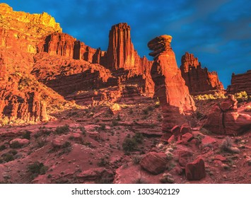 Sunset On The Fisher Towers Recreation Trail Area, A Popular BLM Area For Camping, Hiking, Rock Climbing, And BASE Jumping On The Colorado River Near Moab, Utah, United States.