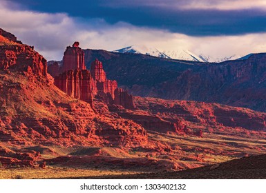 Sunset On The Fisher Towers Recreation Trail Area, A Popular BLM Area For Camping, Hiking, Rock Climbing, And BASE Jumping On The Colorado River Near Moab, Utah, United States.