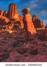 Sunset On The Fisher Towers Recreation Trail Area, A Popular BLM Area For Camping, Hiking, Rock Climbing, And BASE Jumping On The Colorado River Near Moab, Utah, United States.