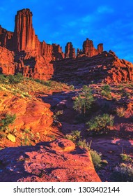 Sunset On The Fisher Towers Recreation Trail Area, A Popular BLM Area For Camping, Hiking, Rock Climbing, And BASE Jumping On The Colorado River Near Moab, Utah, United States.