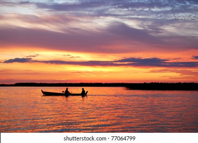 Sunset On The Lake, Boat Silhouette