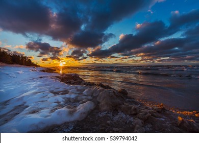 Sunset On A Lake Huron Shore In Early Winter - Grand Bend, Ontario, Canada