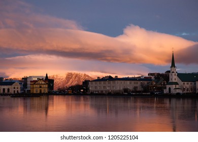 Sunset On Lake Tjörnin, Reykjavík, Iceland