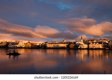 Sunset On Lake Tjörnin, Reykjavík, Iceland