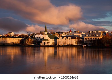 Sunset On Lake Tjörnin, Reykjavík, Iceland