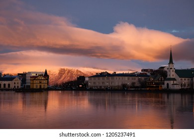 Sunset On Lake Tjörnin, Reykjavík, Iceland