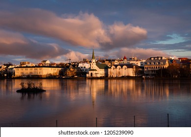 Sunset On Lake Tjörnin, Reykjavík, Iceland