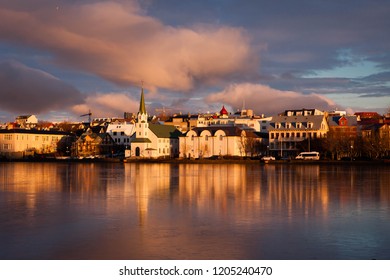 Sunset On Lake Tjörnin, Reykjavík, Iceland