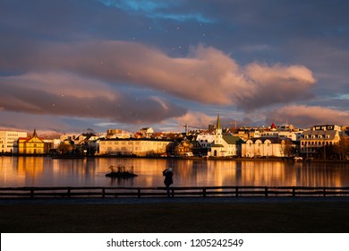 Sunset On Lake Tjörnin, Reykjavík, Iceland