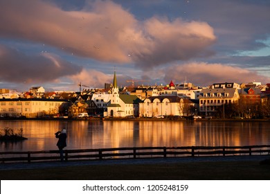 Sunset On Lake Tjörnin, Reykjavík, Iceland