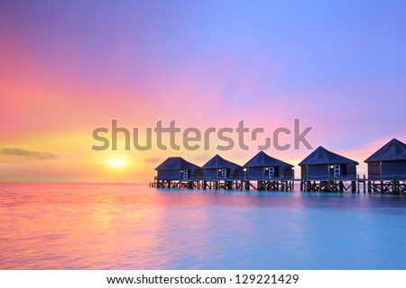 Photo De Stock De Sunset On Maldives Island Water Villas